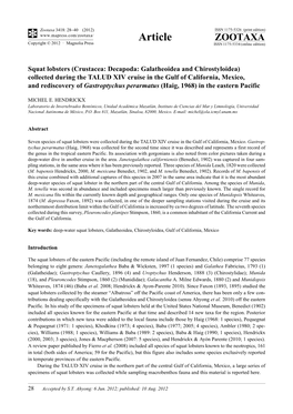 Squat Lobsters (Crustacea: Decapoda: Galatheoidea and Chirostyloidea) Collected During the TALUD XIV Cruise in the Gulf of Calif