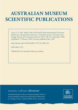 Spider Crabs of the Family Hymenosomatidae (Crustacea; Brachyura) with Particular Reference to Australian Species: Systematics and Biology