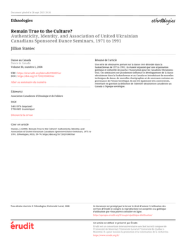 Authenticity, Identity, and Association of United Ukrainian Canadians Sponsored Dance Seminars, 1971 to 1991 Jillian Staniec