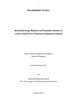 THE UNIVERSITY of HULL Breeding Ecology, Migration and Population Genetics of Lesser Crested Terns Thalasseus Bengalensis Emigr