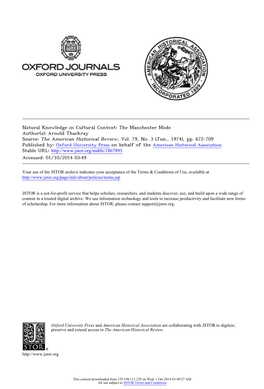 Natural Knowledge in Cultural Context: the Manchester Mode Author(S): Arnold Thackray Source: the American Historical Review, Vol