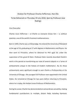 Oration for Professor Charles Fefferman, Hon Dsc to Be