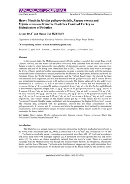 Heavy Metals in Mytilus Galloprovincialis, Rapana Venosa and Eriphia Verrucosa from the Black Sea Coasts of Turkey As Bioindicators of Pollution