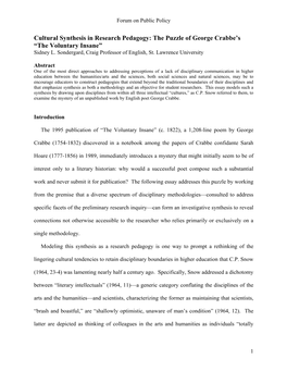 Cultural Synthesis in Research Pedagogy: the Puzzle of George Crabbe’S “The Voluntary Insane” Sidney L