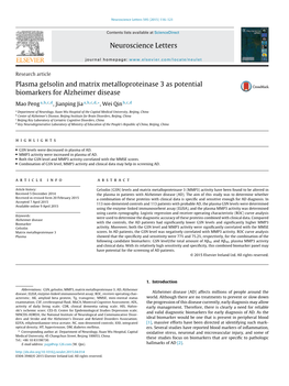 Plasma Gelsolin and Matrix Metalloproteinase 3 As Potential Biomarkers for Alzheimer Disease