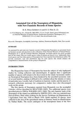 Annotated List of the Neuroptera of Hispaniola, with New Faunistic Records of Some Species