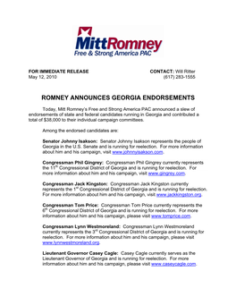 Romney Announces Georgia Endorsements