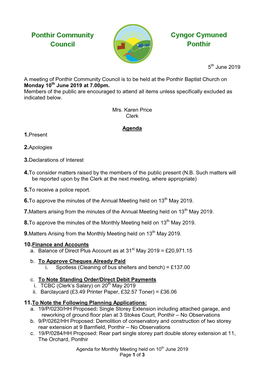 5 June 2019 a Meeting of Ponthir Community Council Is to Be Held At