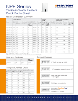 NPE Series the Leader in Condensing Technology Tankless Water Heaters Quick Facts Sheet Navien Certification Summary