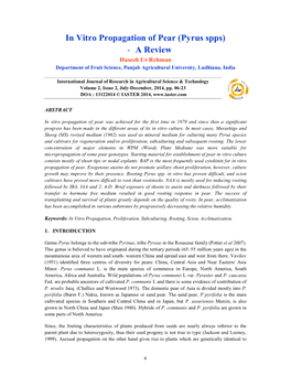 In Vitro Propagation of Pear (Pyrus Spps) - a Review Haseeb Ur Rehman Department of Fruit Science, Punjab Agricultural University, Ludhiana, India