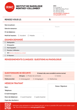 Bon D'examen IRMC (Institut De Radiologie De Monthey Collombey)