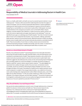 Responsibility of Medical Journals in Addressing Racism in Health Care Gbenga Ogedegbe, MD, MPH