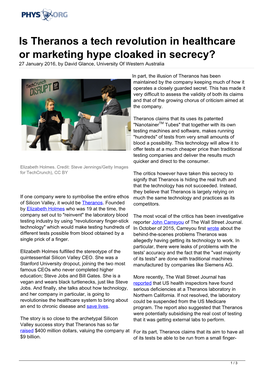 Is Theranos a Tech Revolution in Healthcare Or Marketing Hype Cloaked in Secrecy? 27 January 2016, by David Glance, University of Western Australia