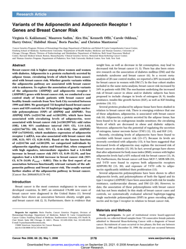 Variants of the Adiponectin and Adiponectin Receptor 1 Genes and Breast Cancer Risk