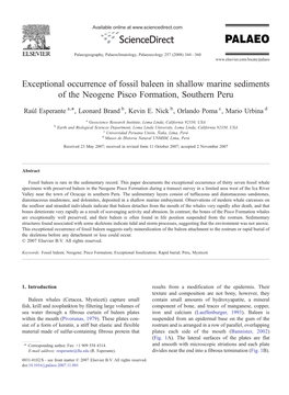 Exceptional Occurrence of Fossil Baleen in Shallow Marine Sediments of the Neogene Pisco Formation, Southern Peru ⁎ Raúl Esperante A, , Leonard Brand B, Kevin E