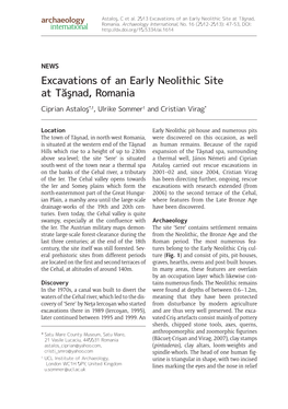 Excavations of an Early Neolithic Site at Tăşnad, Romania