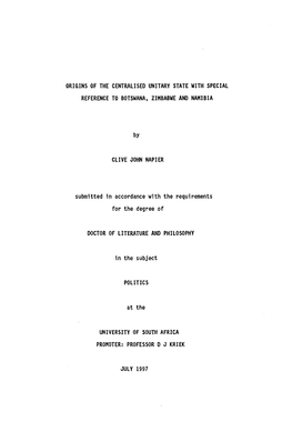 Origins of the Centralised Unitary State with Special Reference to Botswana, Zimbabwe and Namibia