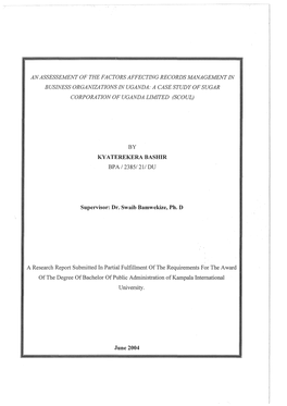 An Assessement of the Factors Affecting Records Management in Business Organizations in Uganda: a Case Study of Sugar Corporation of Uganda Limited (Scoul)