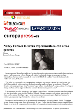 Nancy Fabiola Herrera Experimentará Con Otros Géneros. Europapress.Es