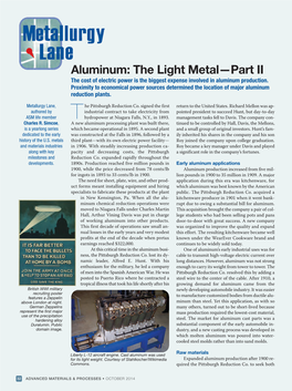 Aluminum: the Light Metal—Part II the Cost of Electric Power Is the Biggest Expense Involved in Aluminum Production