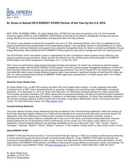 SL Green Is Named 2015 ENERGY STAR® Partner of the Year by the U.S