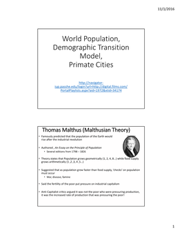 World Population, Demographic Transition Model, Primate Cities