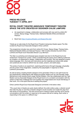 Press Release Tuesday 11 April 2017 Royal Court