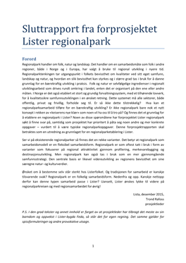 Sluttrapport Fra Forprosjektet Lister Regionalpark