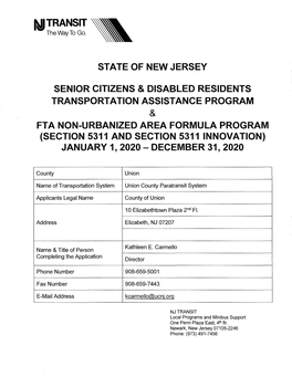 State of New Jersey Senior Citizens & Disabled Residents Transportation Assistance Program Fta Non-Urbanized Area Formula Pr