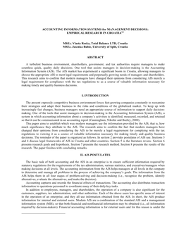 ACCOUNTING INFORMATION SYSTEMS for MANAGEMENT DECISIONS: EMPIRICAL RESEARCH in CROATIA(A) Msec. Vlasta Roska, Total Balance LTD