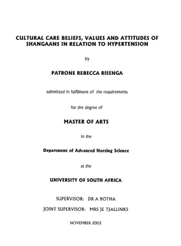 Cultural Care Beliefs, Values and Attitudes of Shangaans in Relation to Hypertension