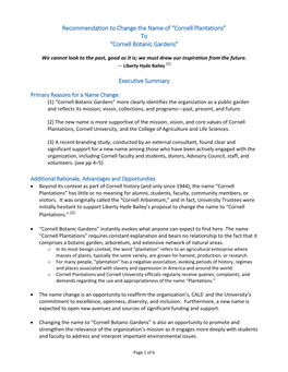 Recommendation to Change the Name of “Cornell Plantations” to “Cornell Botanic Gardens” Executive Summary