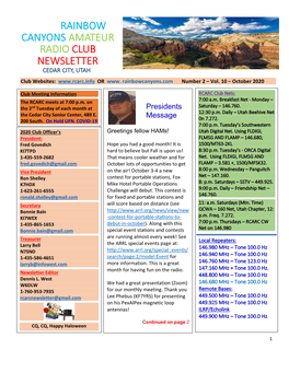 RAINBOW CANYONS AMATEUR RADIO CLUB NEWSLETTER CEDAR CITY, UTAH Club Websites: OR Www