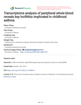 Transcriptome Analysis of Peripheral Whole Blood Reveals Key Lncrnas Implicated in Childhood Asthma