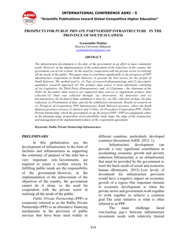 419 PROSPECTS for PUBLIC PRIVATE PARTNERSHIP INFRASTRUCTURE in the PROVINCE of SOUTH SULAWESI PRELIMINARY in This Globalization
