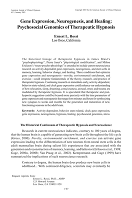 Gene Expression, Neurogenesis, and Healing: Psychosocial Genomics of Therapeutic Hypnosis