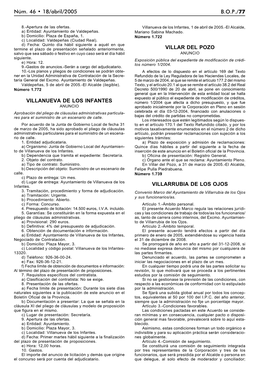 B.O.P./77 Núm. 46 • 18/Abril/2005 VILLANUEVA DE LOS INFANTES VILLAR DEL POZO VILLARRUBIA DE LOS OJOS