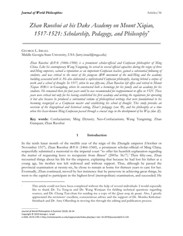 Zhan Ruoshui at His Dake Academy on Mount Xiqiao, 1517-1521: Scholarship, Pedagogy, and Philosophy∗ ______