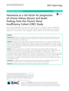 Hematuria As a Risk Factor for Progression of Chronic Kidney Disease and Death: Findings from the Chronic Renal Insufficiency Cohort (CRIC) Study Paula F