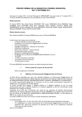 Proces Verbal De La Seance Du Conseil Municipal Du 17 Octobre 2011