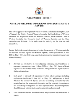 Perth and Peel Covid-19 Lockdown from 29 June 2021 to 2 July 2021