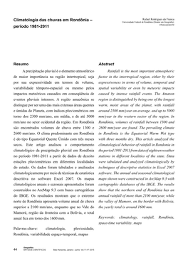 Climatologia Das Chuvas Em Rondônia – Universidade Federal De Rondônia (Doutor Em Geografia); Rrfranca@Unir.Br Período 1981-2011