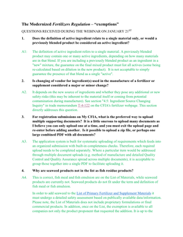 The Modernized Fertilizers Regulation – “Exemptions” QUESTIONS RECEIVED DURING the WEBINAR on JANUARY 21ST 1