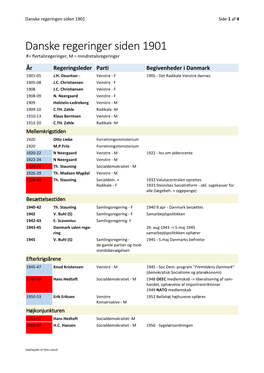 Danske Regeringer Siden 1901 F= Flertalsregeringer, M = Mindretalsregeringer