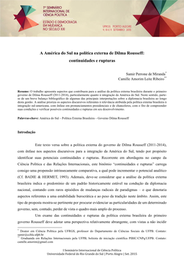 A América Do Sul Na Política Externa De Dilma Rousseff: Continuidades E Rupturas