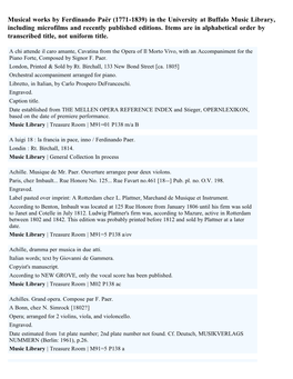 Musical Works by Ferdinando Paër (1771-1839) in the University at Buffalo Music Library, Including Microfilms and Recently Published Editions