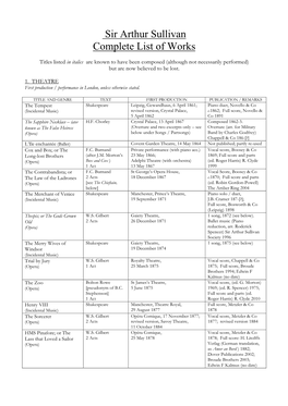 Sir Arthur Sullivan Complete List of Works