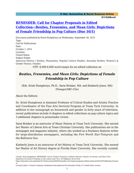 REMINDER: Call for Chapter Proposals in Edited Collection—Besties, Frenemies, and Mean Girls: Depictions of Female Friendship in Pop Culture (Due 10/1)