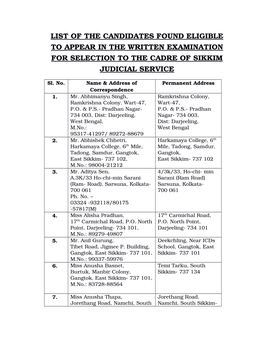 List of the Candidates Found Eligible to Appear in the Written Examination for Selection to the Cadre of Sikkim Judicial Service
