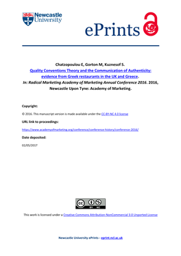 Chatzopoulou E, Gorton M, Kuznesof S. Quality Conventions Theory and the Communication of Authenticity: Evidence from Greek Restaurants in the UK and Greece